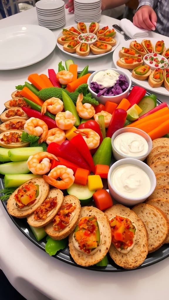 A vibrant assortment of appetizers including shrimp cocktail, vegetable platter, and bruschetta on a stylish serving table.